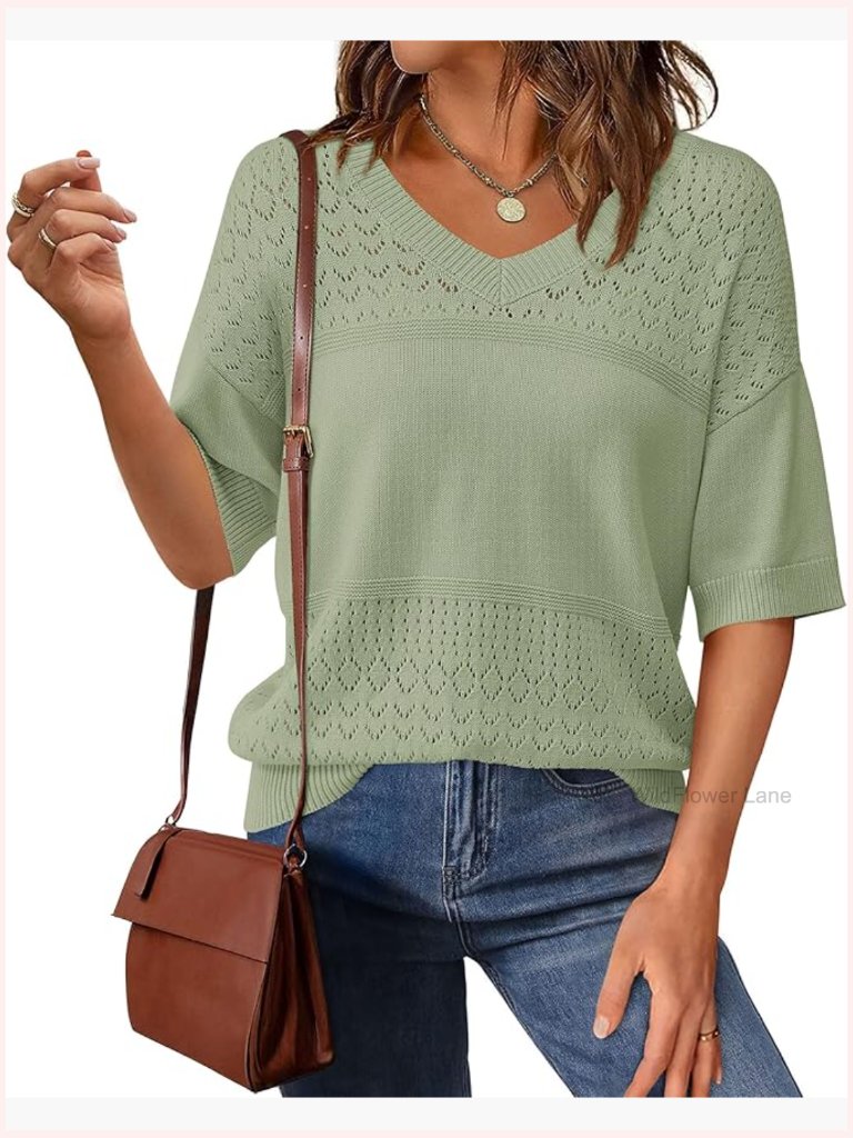 Short Sleeve V-Neck Ribbed Knit Eyelet Pullover Sweater Top